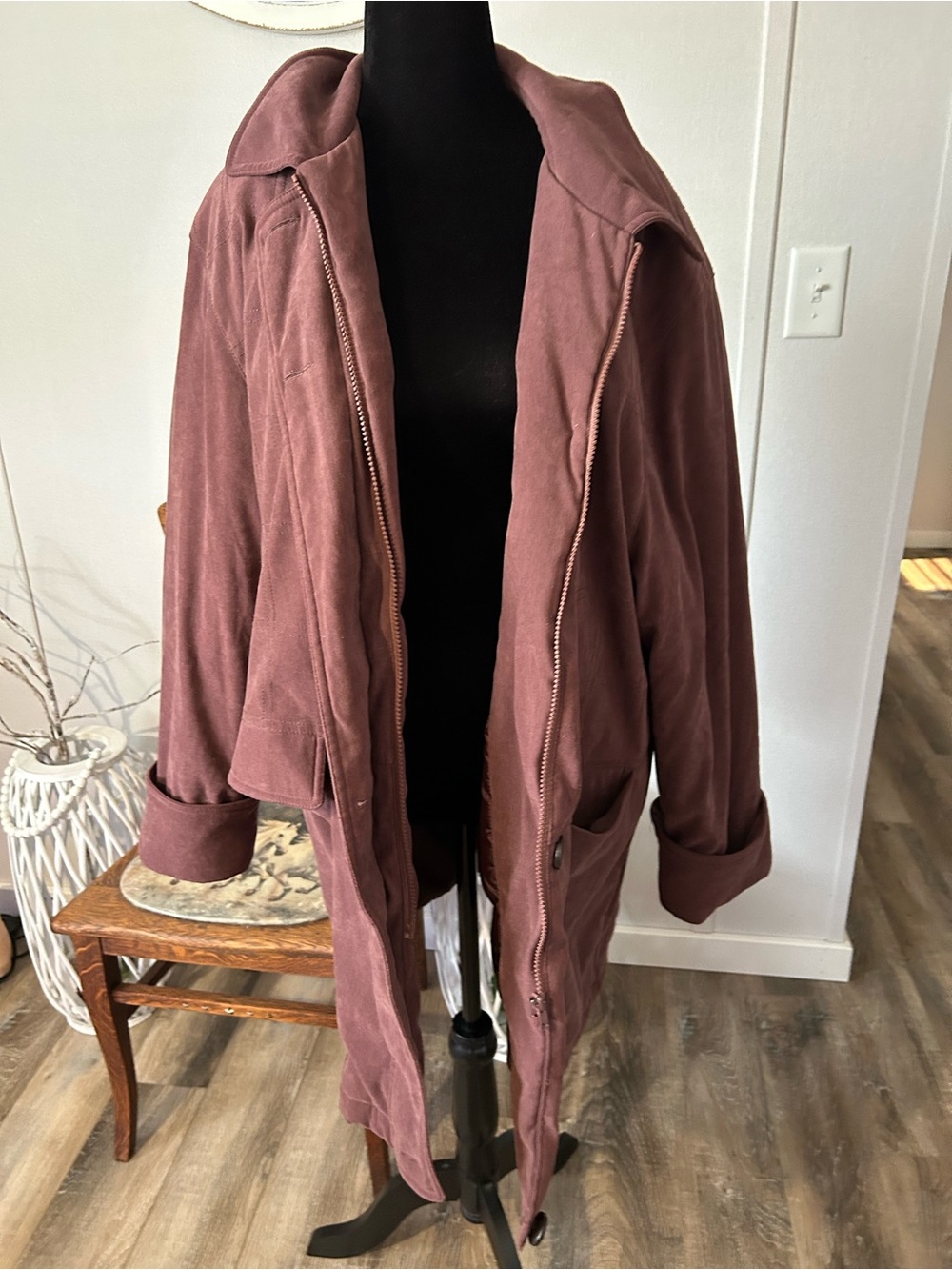Long Dusty Rose Trench Coat with Zip Front